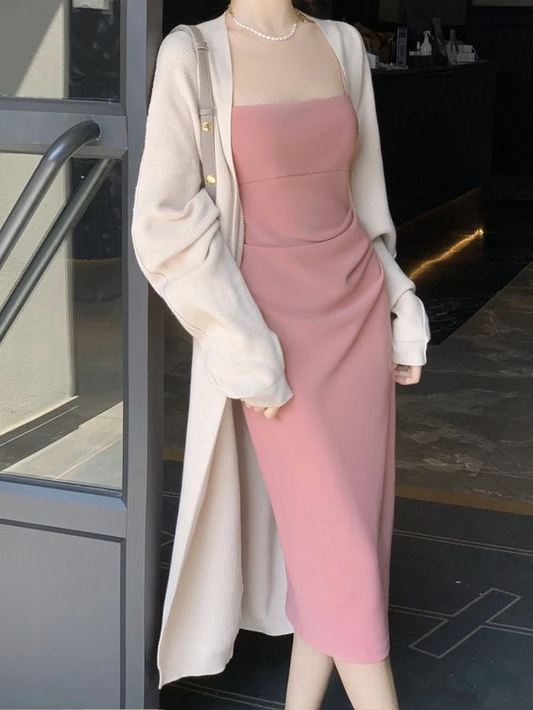 Elegant Pink Sheath Midi-length Prom Dress,Pink Formal Gown Y6923