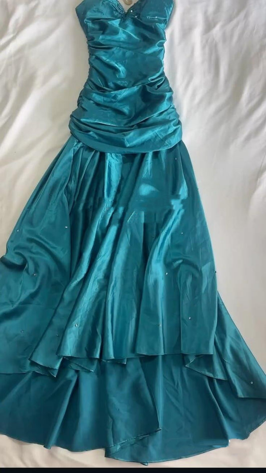 Vintage Sweetheart Neck Cerulean Satin Pleated Mermaid Party Dress Long Wedding Guest Dress SP2698