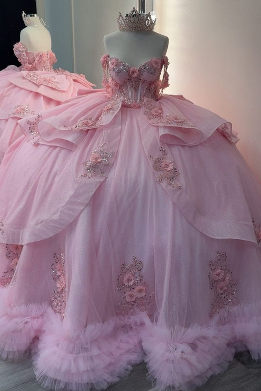 Elegant Pink Tulle Lace Sequin Beaded Appliques Ruffle Princess Quinceanera Dresses Sweet 16 Dress SP572