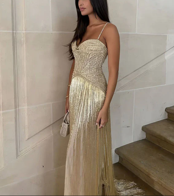 Luxurious Spaghetti Straps Sequin Beaded Tassel Gold Long Evening Dress Prom Gown SP792