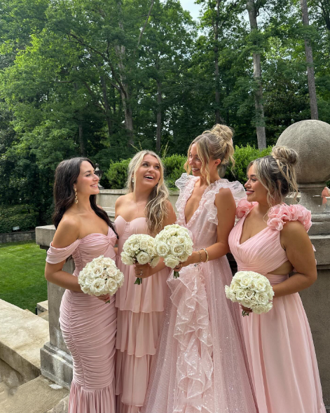 Gorgeous V Neck Pink Tulle Sequin Ruffle Long Wedding Guest Dress Birthday Party Dress SP1083