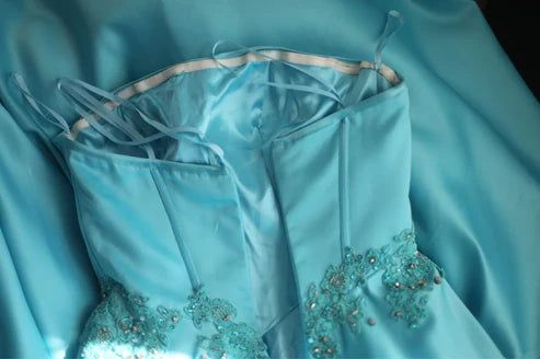 Retro Strapless Ball Gown Blue Satin Appliques Beaded Long Party Dress SP1946