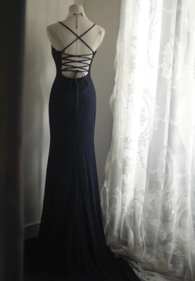 Gorgeous Spaghetti Straps Navy Blue Satin Beaded Mermaid Long Party Dress Formal Wedding Guest Dress SP1258
