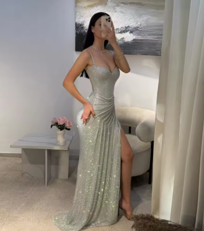 Pretty Spaghetti Straps Silver Sequin Mermaid Slit Long Prom Dress Evening Gown SP14