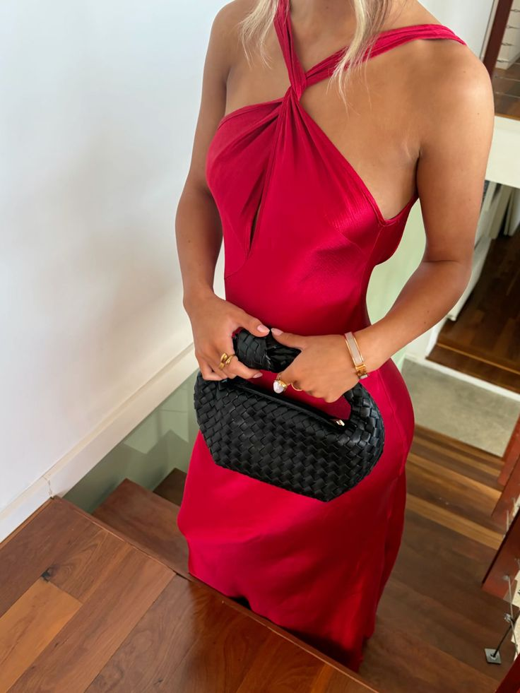 Simple Rose Red Satin Long Party Dress Halter Long Wedding Guest Dress SP4008
