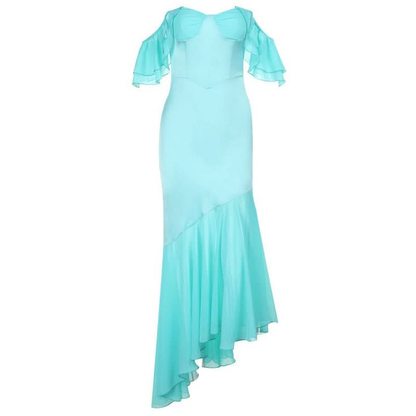 Classy Blue Satin Chiffon Off The Shoulder Party Dress,Mermaid Long Evening Dress Y8709