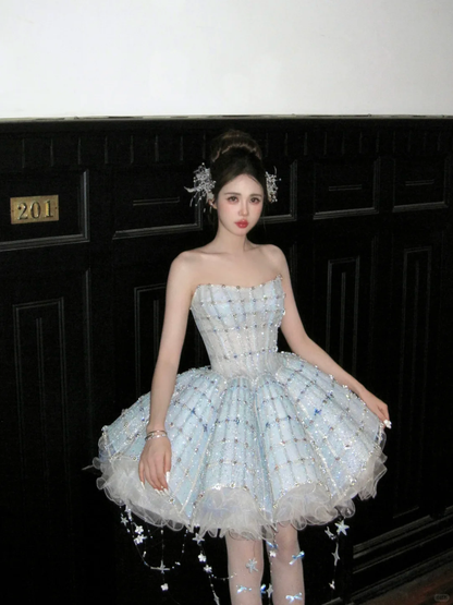 Glitter Blue Strapless Tulle Sequin Beaded A Line Princess Birthday Outfits Short 8th Homecoming Dress Y9210