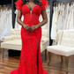 Red Lace Mermaid Prom Dress With Split,Red Evening Dress Y5721