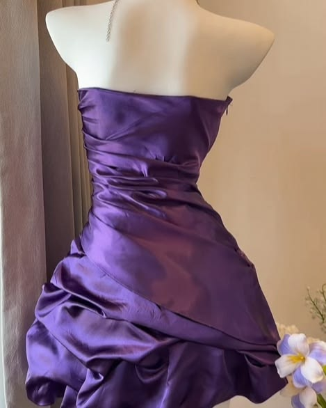 Vintage Purple Strapless Satin Pleated A Line Short Homecoming Dress Birthday Dress SP3495