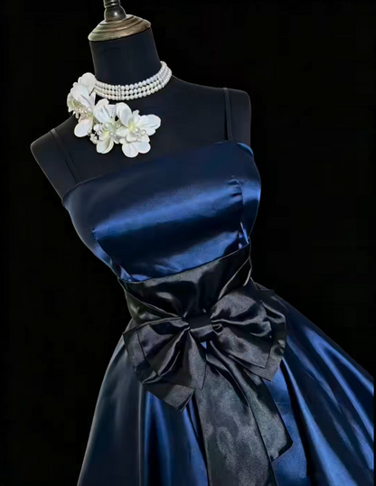 Vintage Spaghetti Straps Navy Blue Satin Lace A Line Short 6th Grade Homecoming Dress,Formal Birthday Outfits With Bow SP2770