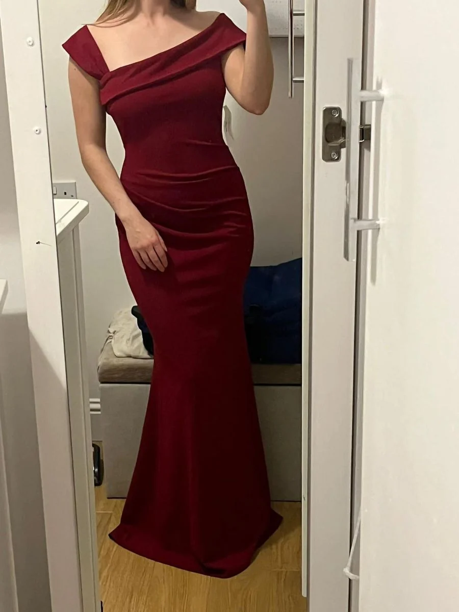 Elegant Burgundy Satin Mermaid Long Party Dress Formal Long Wedding Guest Dress SP4107