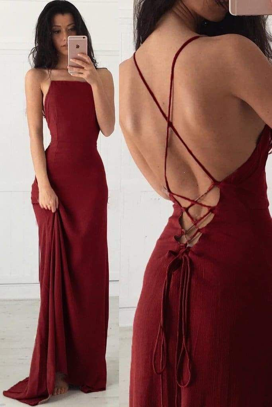 Sexy Spaghetti Straps Burgundy Formal Prom Dress Backless Evening Dress Y7769