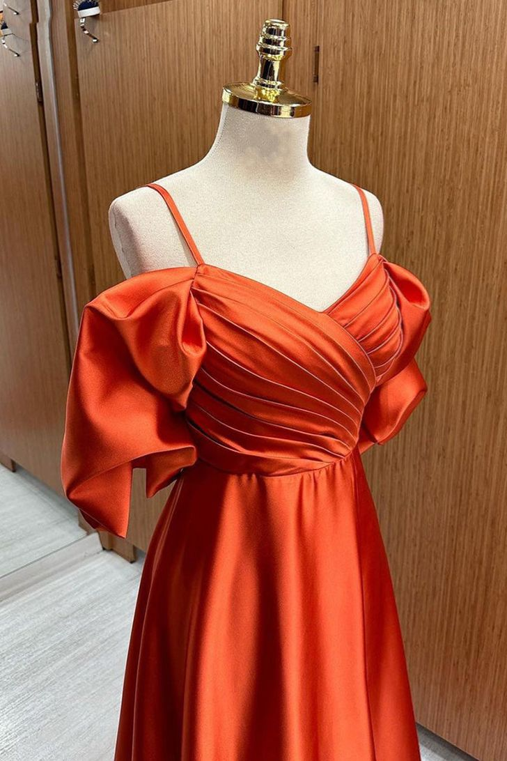 Rust Orange Off-the-Shoulder Straps Pleated Satin Long Prom Dress Y6332