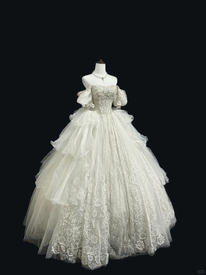 Sparkly Off The Shoulder White Tulle Lace Beaded Long Wedding Dress Bridal Gowns SP2216