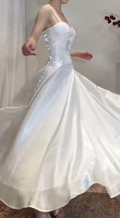 Glamorous White Spaghetti Straps Organza A Line Long Party Dress Formal Wedding Guest Dress SP425