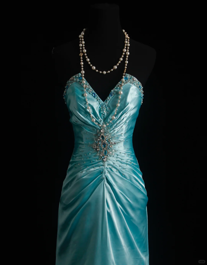 Gorgeous Blue Strapless Satin Pleated Beaded Mermaid Party Dress Long Prom Dresses SP2154