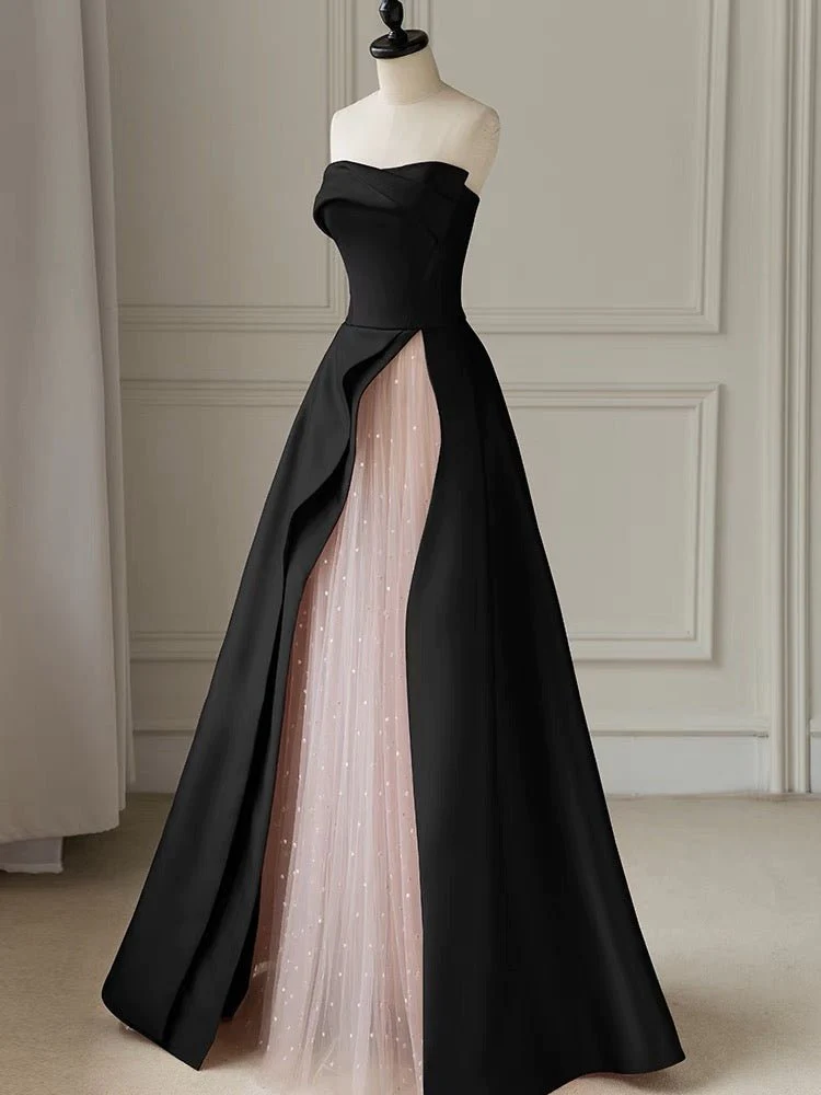 Black Strapless High-Slit Evening Dress With Gauze - Gothic Wedding Dress Y2386