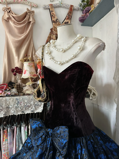 Vintage Strapless Satin Print Floral Birthday Outfits Formal Graduation Homecoming Dress With Bow Y9003