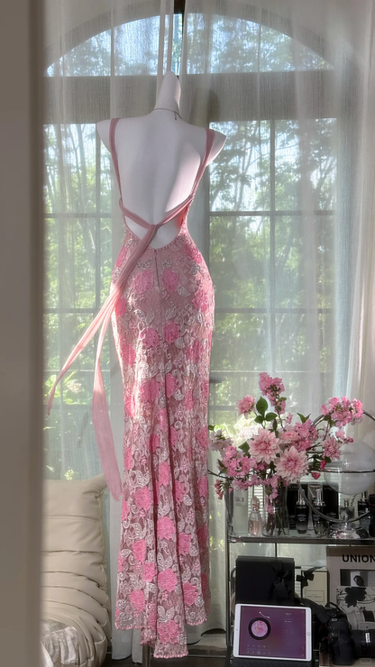 Pretty Pink V Neck Lace Floral Sheath Long Evening Dress Backless Long Birthday Party Gown SP665