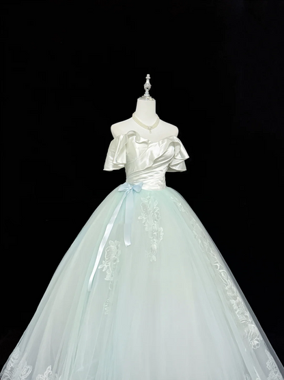 Charming Ball Gown Pastel Mint Green Off The Shoulder Tulle Appliques Long Party Dress Prom Dress SP2217