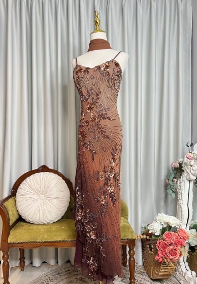 Retro Spaghetti Straps Ombre Chiffon Floral Sequin Beaded Prom Dress Long Party Gown With Ribbon SP627