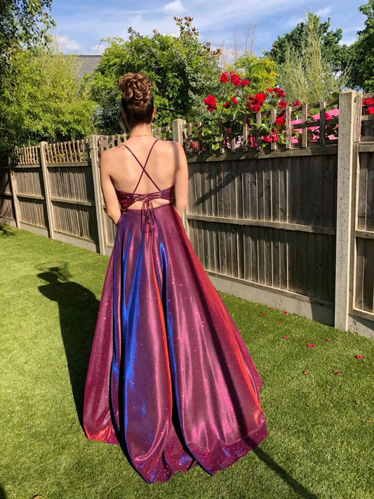 Glitter Spaghetti Straps Purple Satin Sequin A Line Long Wedding Guest Dress Formal Party Dress SP2149