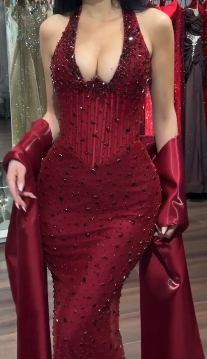 Gorgeous Burgundy Halter Beaded Mermaid Long Party Dress Birthday Dress With Shawl SP2223