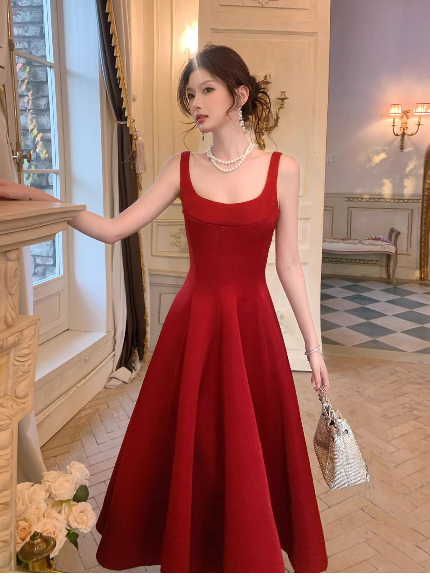 Fashion Spaghetti Strap Red Satin A Line Long Evening Dress Formal Birthday Prom Dresses SP1653
