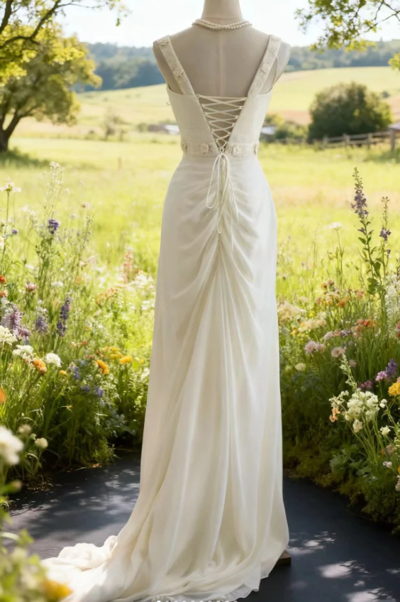 Pretty V Neck Sleeveless White Chiffon Appliques Beaded Mermaid Long Wedding Dress SP1202
