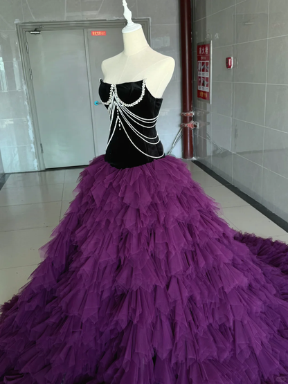 Vintage Strapless Purple Tulle Tiered Quinceanera Dress Sweet 15 16 Dress SP4225