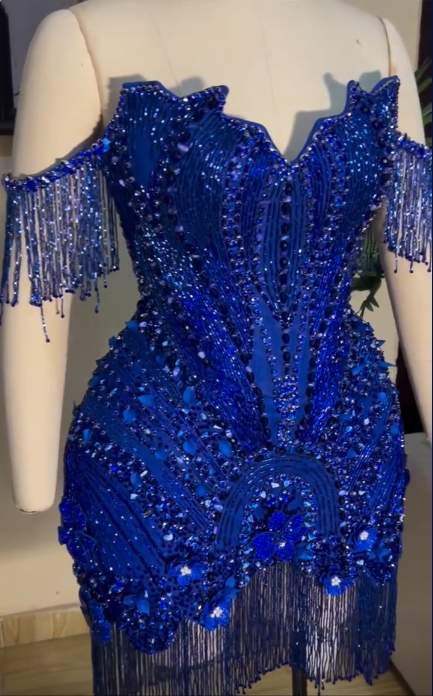 Luxurious Royal Blue Satin Beaded Tassel Short Homecoming Dress,Off The Shoulder Bodycon Mini Birthday Dress SP3024