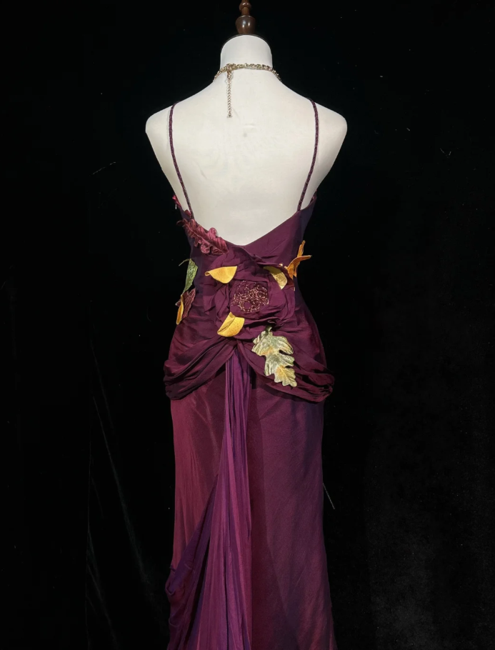 Vintage Spaghetti Straps V Neck Satin Appliques Mermaid Long Evening Dress Dark Fuchsia Prom Dress SP1785