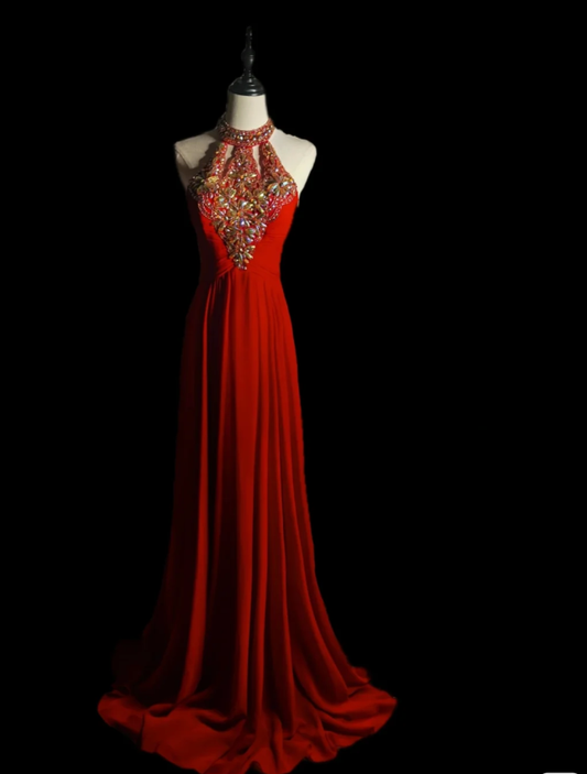 Vintage Halter Red Chiffon Beaded Long Mermaid Evening Dress Formal Wedding Guest Dress SP564