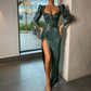 Long Sleeves Sequins Mermaid Evening Dresses  Sweetheart Vestidos Formales Side Split Y5032