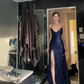 Womens Navy Sequined Slit Spaghetti Strap V Neck Full-Length Prom Dress Y6490