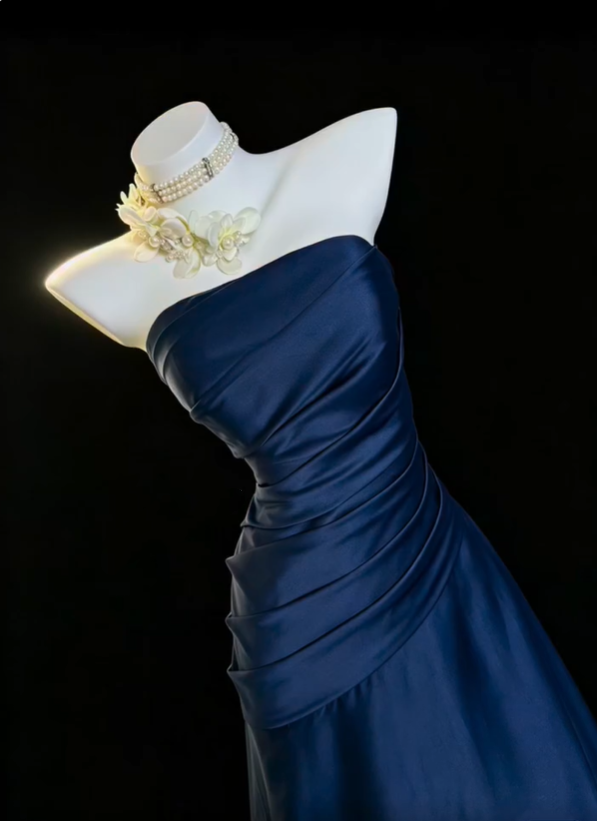 Fashion Strapless Satin Pleated Long Party Dress,Navy Blue A Line Long Prom Gown SP2762