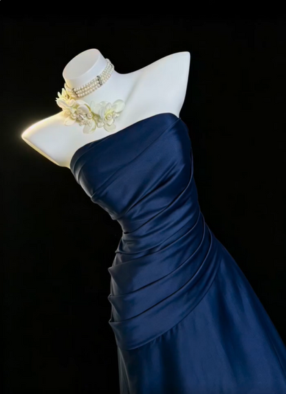 Fashion Strapless Satin Pleated Long Party Dress,Navy Blue A Line Long Prom Gown SP2762