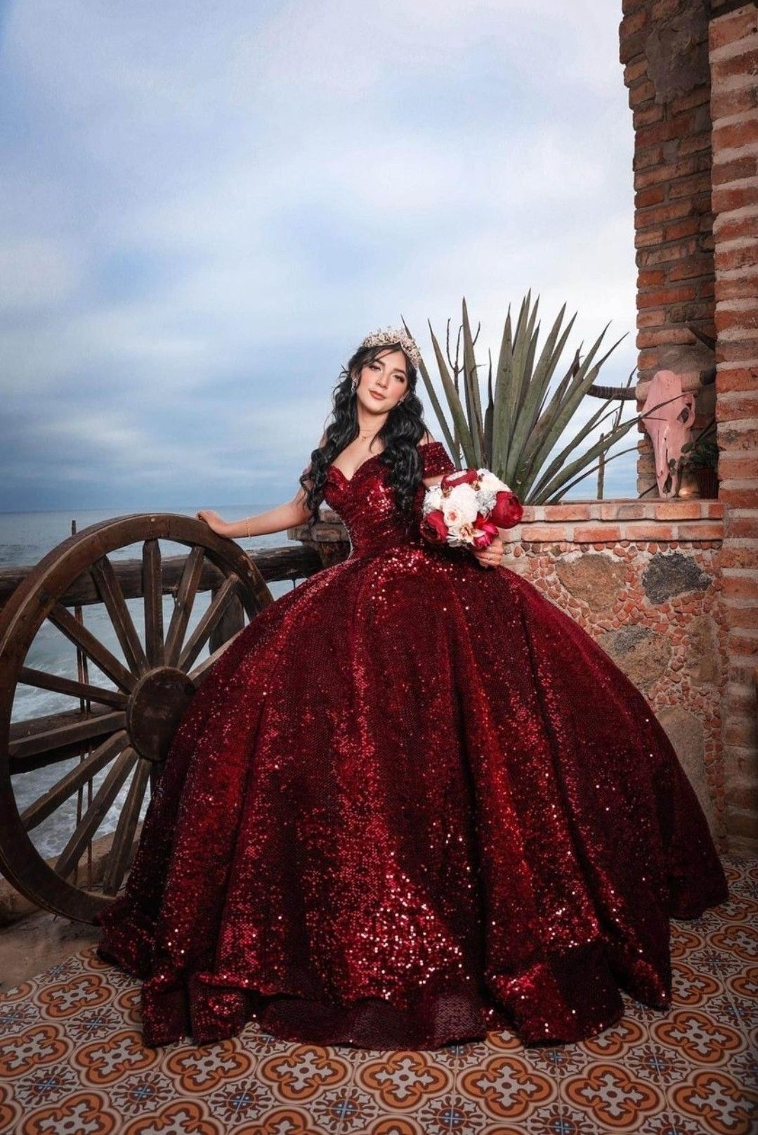 Off The Shoulder Burgundy Sequins Ball Gown,Sweet 16 Dress,Quinceanera Dress  Y2203