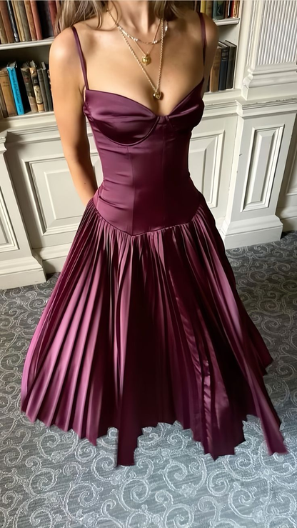 Elegant Spaghetti Straps Satin Pleated Burgundy A Line Bridesmaid Dress Prom Dress SP246