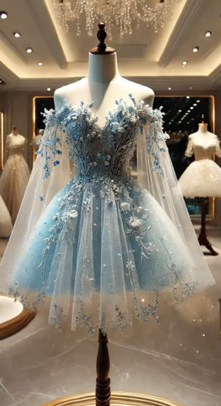 Glamorous Blue Tulle Appliques Short 19th Birthday Outfits ,Off The Shoulder Short Graduation Homecoming Dress SP3077