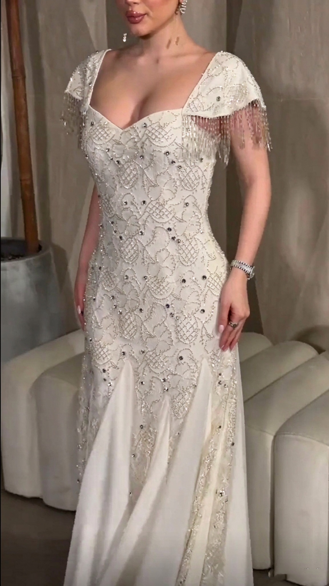 Sexy Off White Chiffon Beaded Mermaid Party Dress Long Birthday Dress SP4283