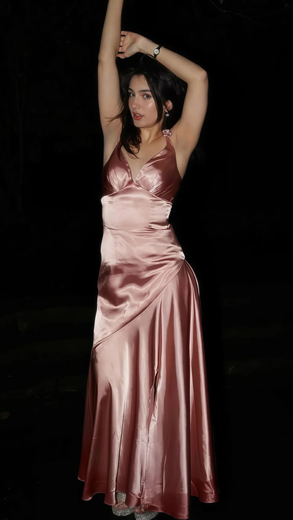 Pink V-Neck Satin Bridesmaid Dress, Floor Length Evening Prom Dress Y8756