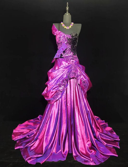 Stylish Hot Pink One Shoulder Beaded Appliques Mermaid Long Party Dress Formal Prom Gown SP350