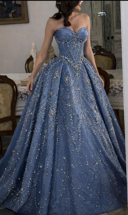 Glamorous Blue Strapless Satin Beaded Long Party Dress Birthday Prom Gown SP2657