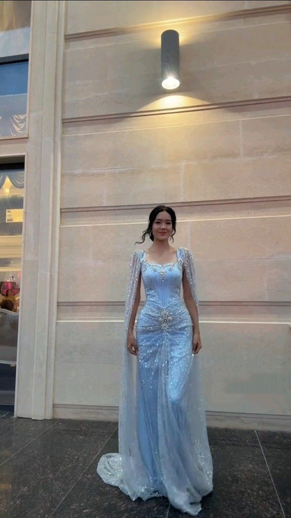 Elegant Blue Satin Tulle Sequin Beaded Long Party Dress Birthday Prom Dresses SP3996