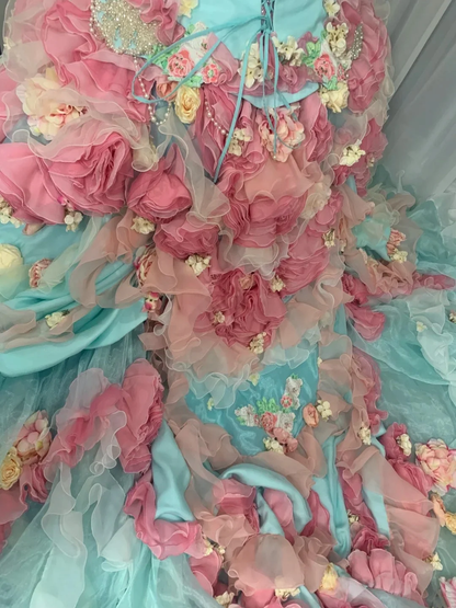 Colorful Ball Gown Strapless Tulle Floral Quinceanera Dress SP3833