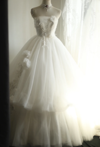 Sweet Strapless Tulle Beaded Appliques Double Layered White Long Wedding Dress SP1209