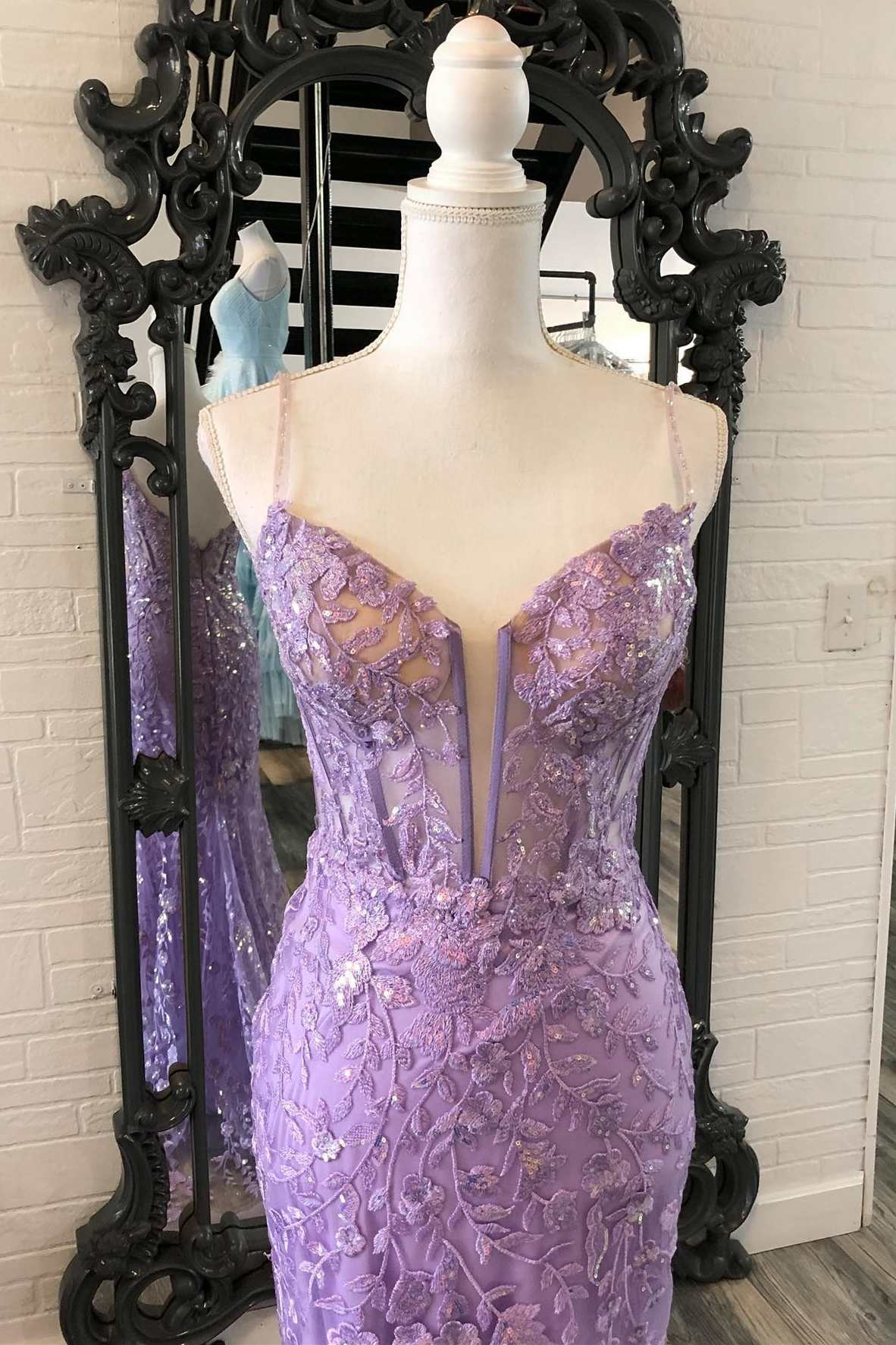 Lavender Floral Appliques Split Neck Mermaid Long Prom Dress,Y2465