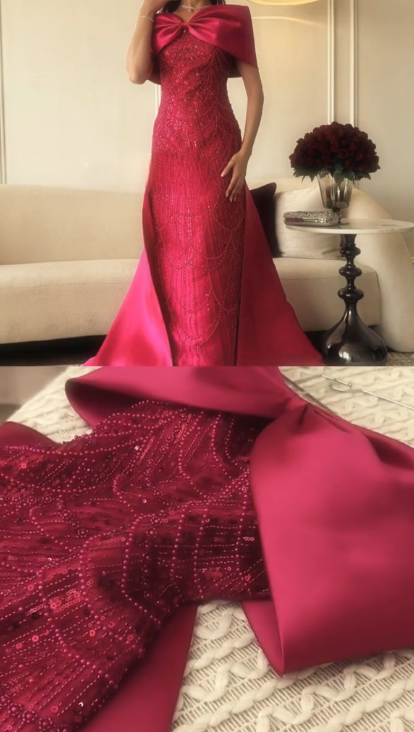 Gorgeous Hot Pink Bow Off The Shoulder Satin Sequin Beaded Long Evening Dress Prom Dresses SP732