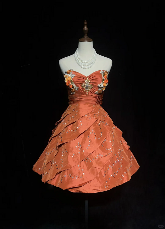 Elegant Sweetheart Neck Satin Beaded A Line Mini 19th Birthday Outfits,Orange Short Homecoming Dress SP2904